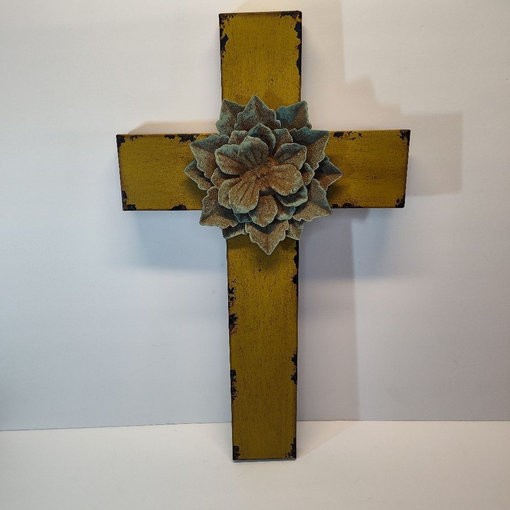 Metal Cross Blue Green Teal Flower Wall Hanging Home Decor